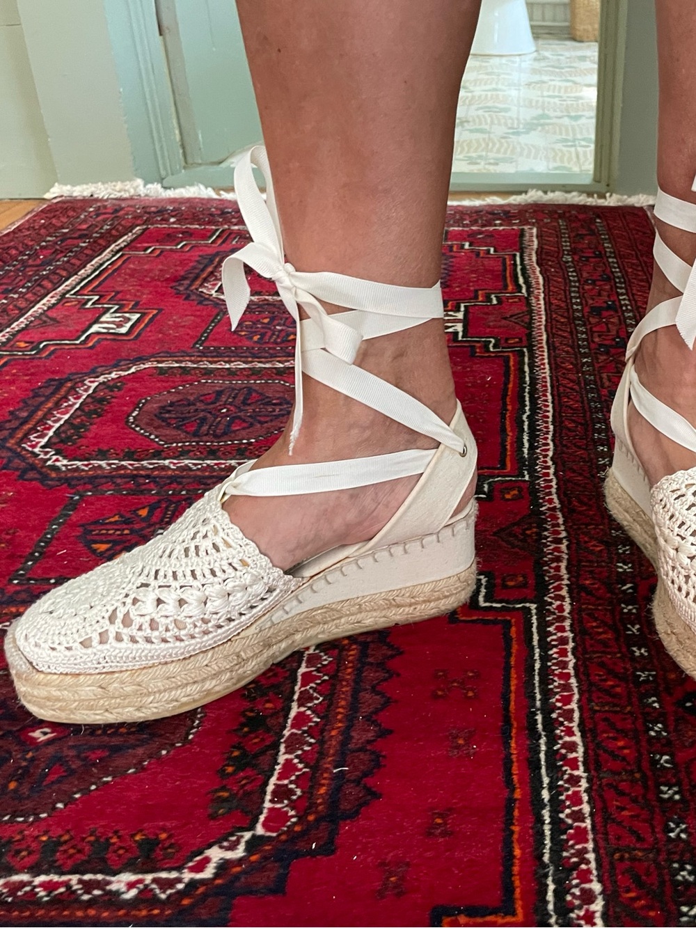 Ralph Lauren Cream Crochet Espadrille Wedge with Ankle Wraps